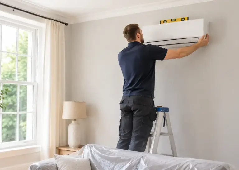Oakpark Energy installer fitting a wall-mounted air conditioning unit in a living room